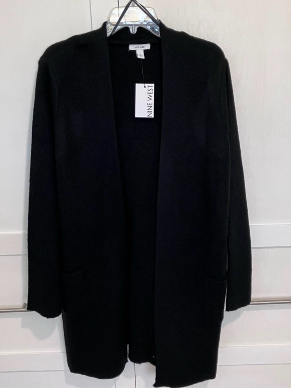 Nine West Black Long Length Open Front Long Sleeve Knit Cardigan, XL